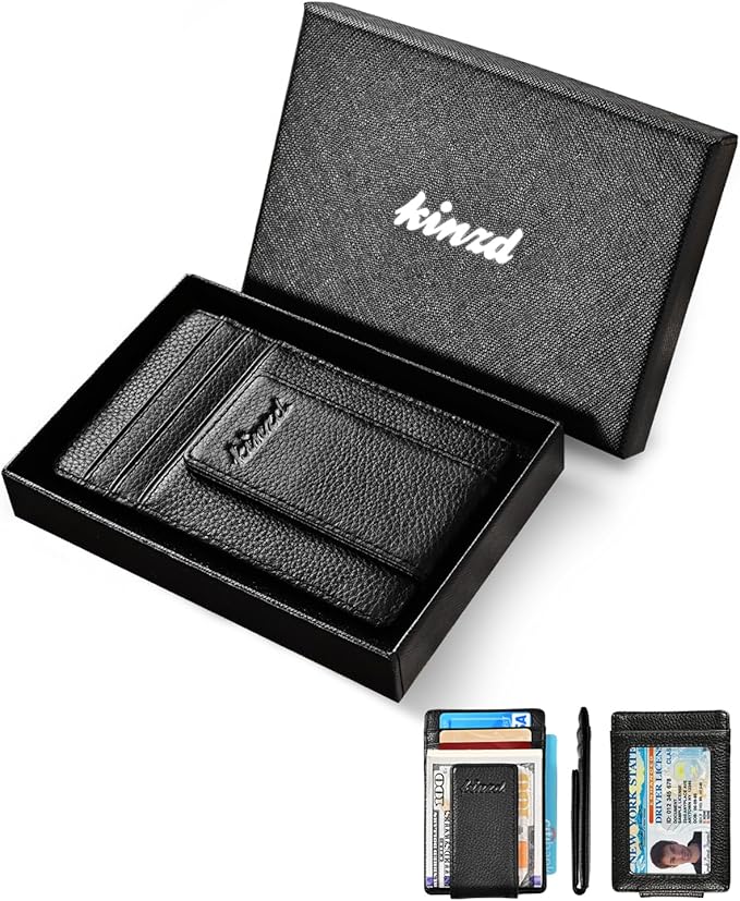 kinzd Slim Money Clip Wallet for Men Genuine Leather Front Pocket RFID Blocking Wallet, Minimalist Card Holder with 4 Strong Magnets Hold 30 Bills | RFID Blocking, Strong Magnet, thin