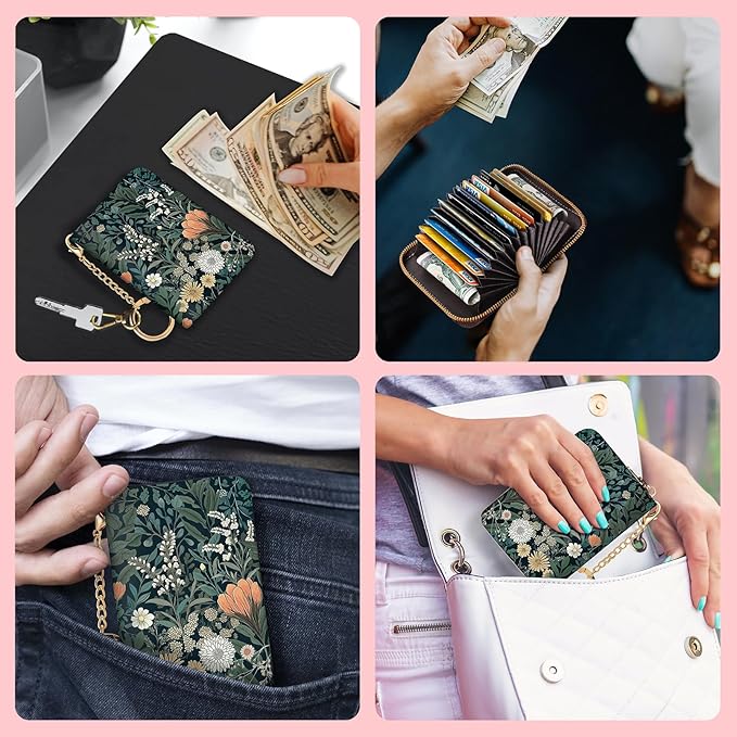 Blusabaca Weeds Flower Floral Plants Wildflowers Credit Card Holder for Women, Small RFID Blocking Wallet with Zipper, Card Keychain Wallet, PU Leather Card Case, Accordion Aesthetic Wallet Gift