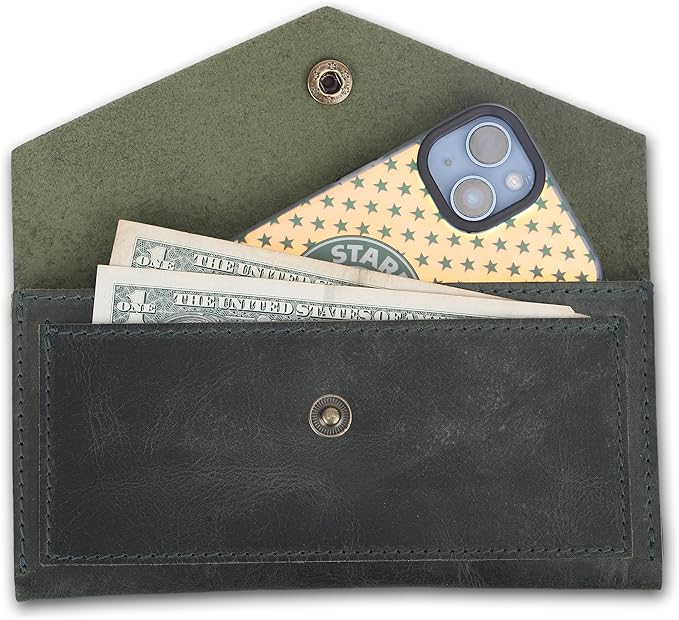 Green Leather Money Bag Wallets for Women - Handcrafted Leather Cash Envelopes for Budgeting Binder - Currency Holder Money Bag for Cash, Money Organizer for Cash Travel Purses for Women