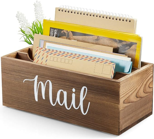 DRASTAR Mail Organizer Countertop, Mail Holder with 3 Slots, Mail Sorter Organizer for Desk, Envelope Holder for Home Office, Burnt Wood