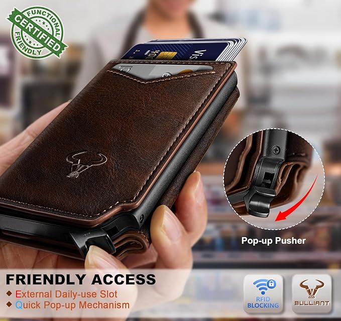 BULLIANT Men Wallet Leather Wallet Card Holders Money Clip for Men 10Cards-Magnetic Flip on Metal Case