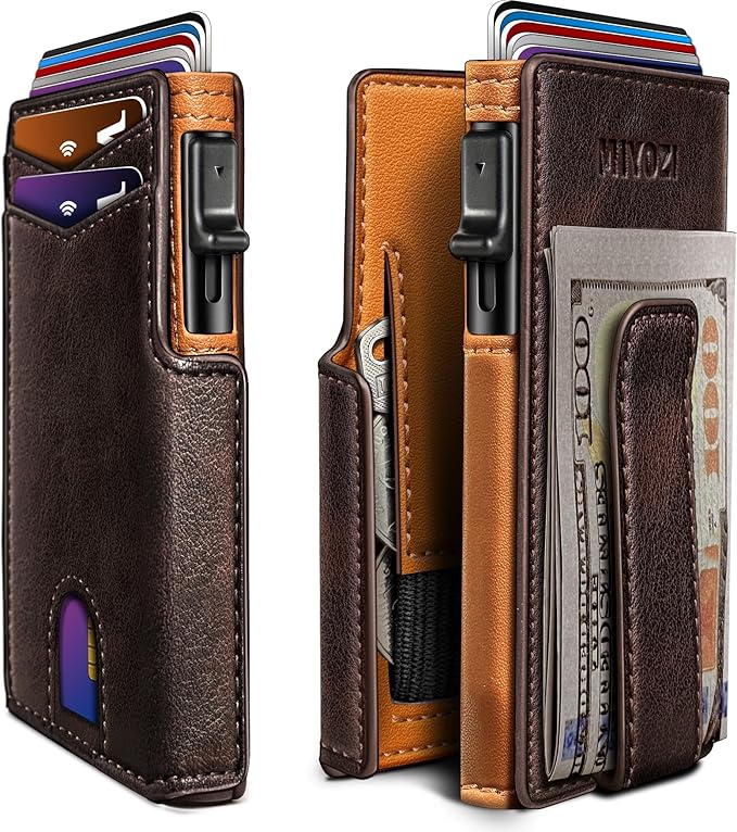 miyozi Wallet for Men with Money Clip Coins Pocket ID Window Gift Boxed,Slim Smart Front Pocket RFID Blocking Wallet Pop-up Card Holder in Magnetic Leather Flip 3.9"x 2.7"