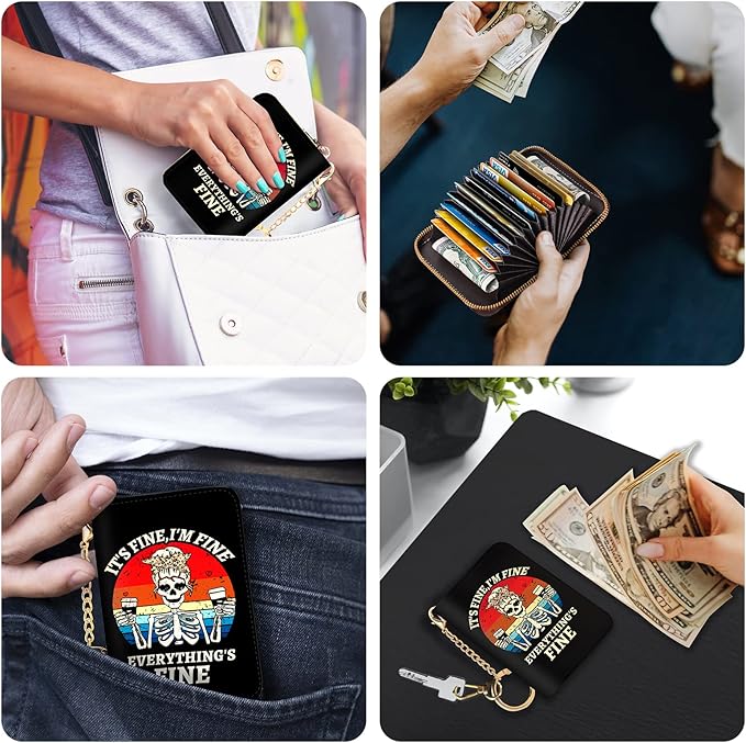 Credit Card Holder RFID Wallet, Small Card Holder Wallet for Women with Keychain Zipper, Funny Leather Print Credit Card Wallets Accordion Gift
