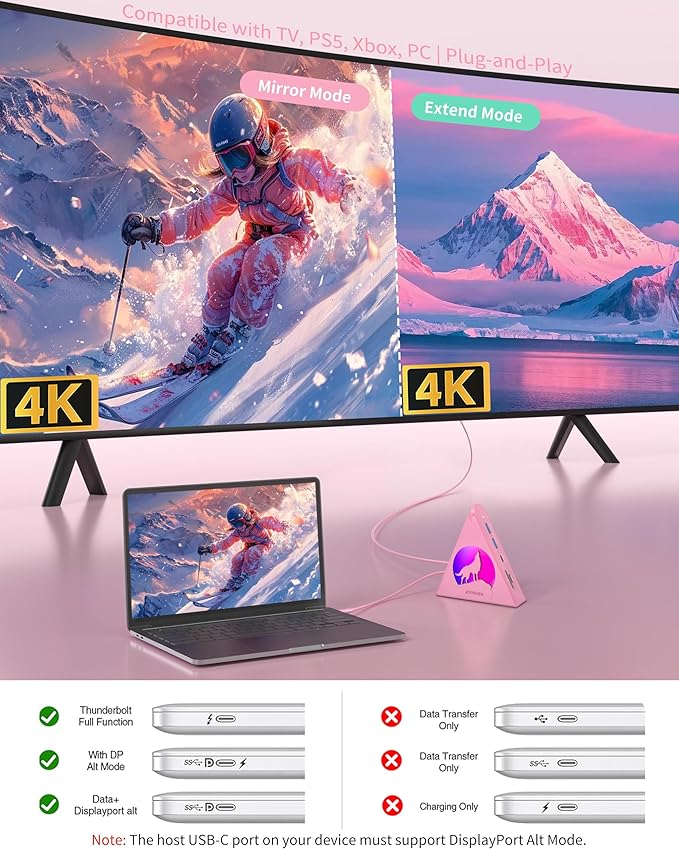 Pink USB C Hub, 8-in-1 Type C Hub with 4K HDMI, 100W Power Delivery, 5Gbps USB-C, 3xUSB-A 3.0, SD/TF Card Reader, RGB Lighting, Pink Dock for MacBook Air/Pro, iPad, iPhone16, Surface, XPS, etc.