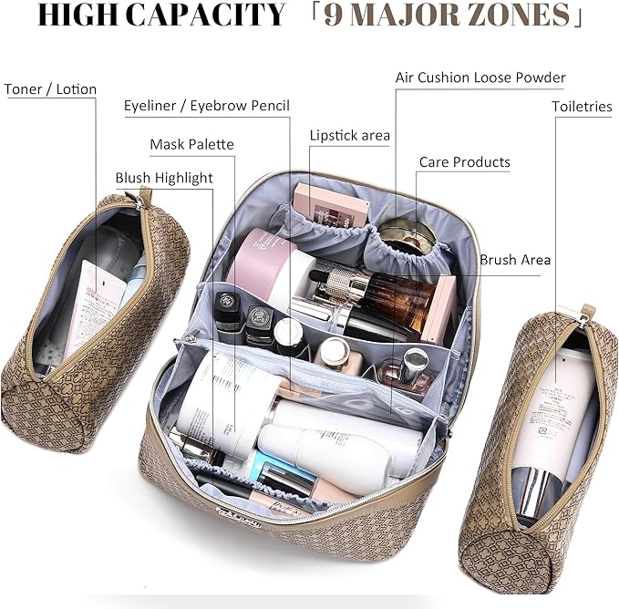 BOYATU Travel Makeup Bag for Women: Four Leaf Clover Large Capacity 3 Pcs Set Cosmetic Bags - Waterproof 50% Extra Space for Toiletry Organizer - Travel Essentials for Fortunate (05 Brown)
