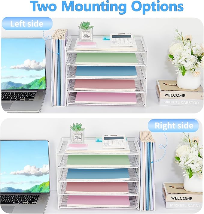 OPNICE Desk Organizer, 5-Tier Paper Organizer Letter Tray with Magazine Holder, Office Desk Accessories & Workspace Organizers, Desktop File Organizer for Office Supplies Storage, White