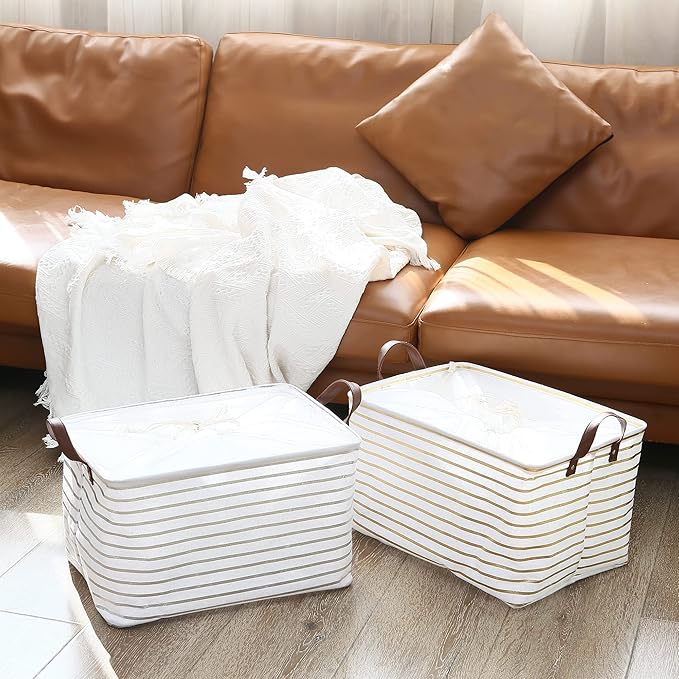 Hinwo 31L Large Storage Bins, 2-Pack Closet Organizers and Storage, Foldable Clothes Storage Baskets with Handles, Containers for Clothing, Blanket, Towels, Toys, Bedding (Gold Stripe)