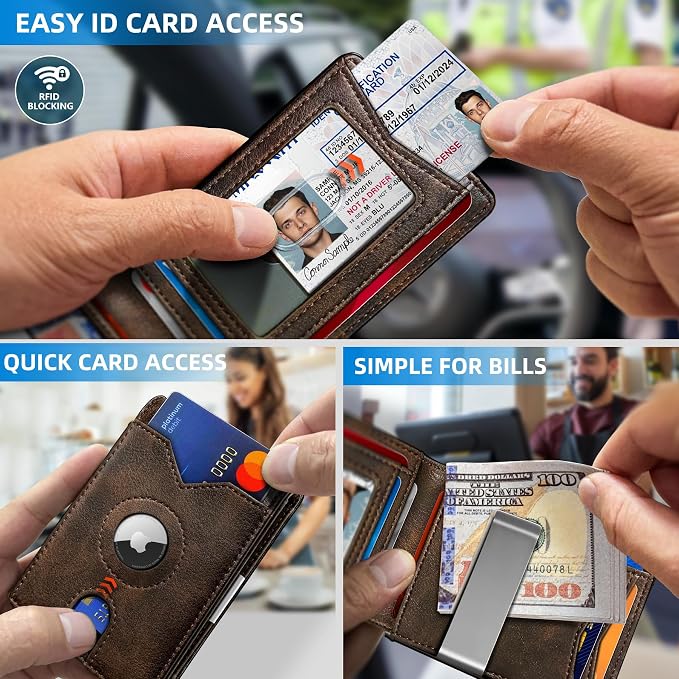 miyozi Airtag Wallet for Men,with Money Clip 11 Cards Slim Front Pocket Leather RFID Blocking Wallet with Gift Box