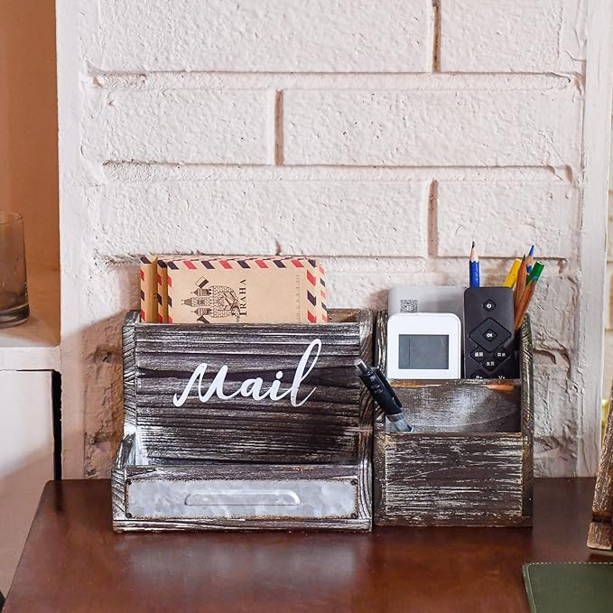 OKSQW Farmhouse Mail Organizer Countertop Letter Sorter Caddy 2 Tier Rustic Mail Tray Wooden Mail Holder File Organizer Bill Paper Folder Office Desk Accessories Rustic Office Supplies Home Decor