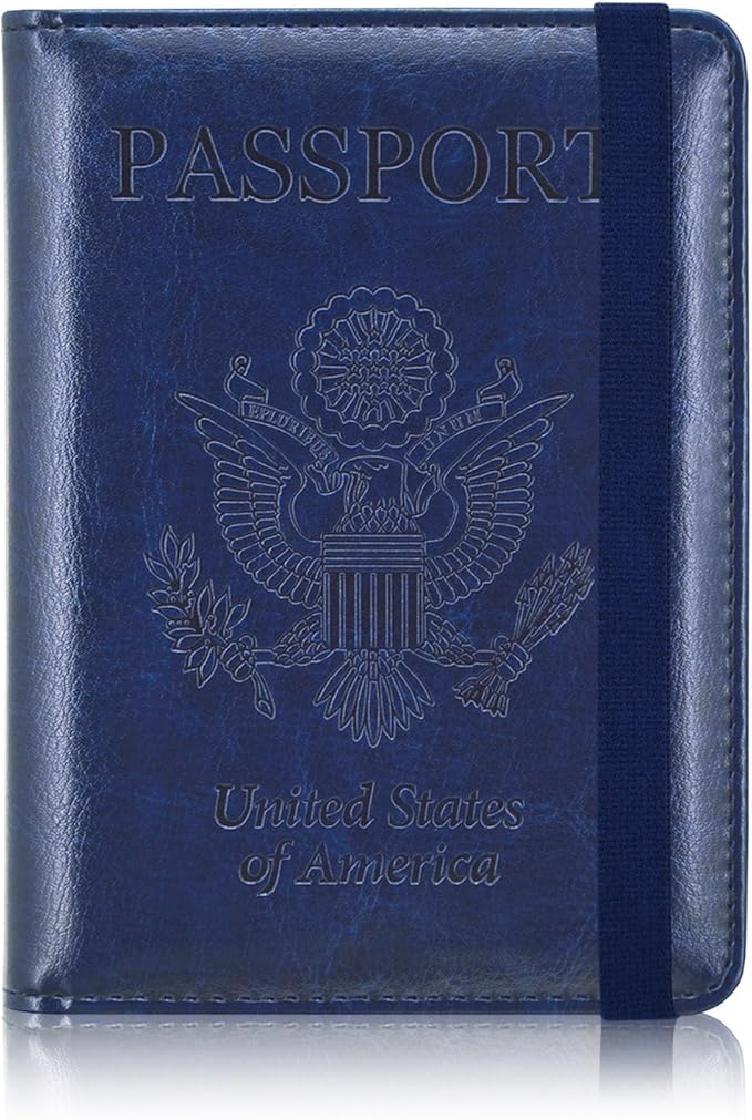 ACdream Passport Holder Cover, Leather Travel Wallet Case, RFID Blocking Document Organizer Protecrtor, with Slots for Credit Cards, Boarding Pass, for Women and Men, Navy Blue