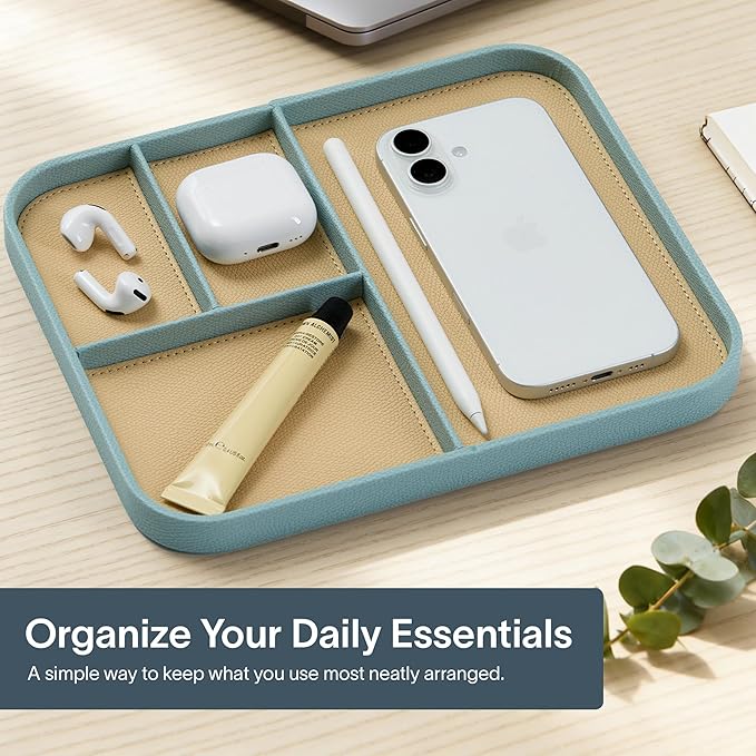 Nordik Leather Valet Tray - Seafoam Mist - 9.5 x 7.9 Inch Medium Vegan Leather Tray - Stylish Nightstand Organizer for Men - Modern Bedside Caddy - EDC Catchall for Key Watch Wallet Jewellery