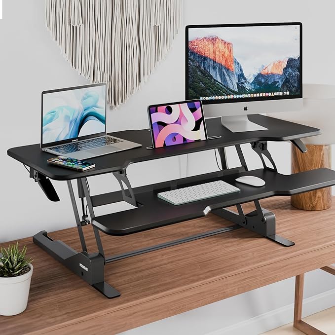 Mount-It! 47" Standing Desk Converter, XL Desktop Sit-Stand Desk Riser with Gas Spring Height Adjustment, Wide Desk Topper for Dual Monitors or Monitor & Laptop, Keyboard Tray, Black