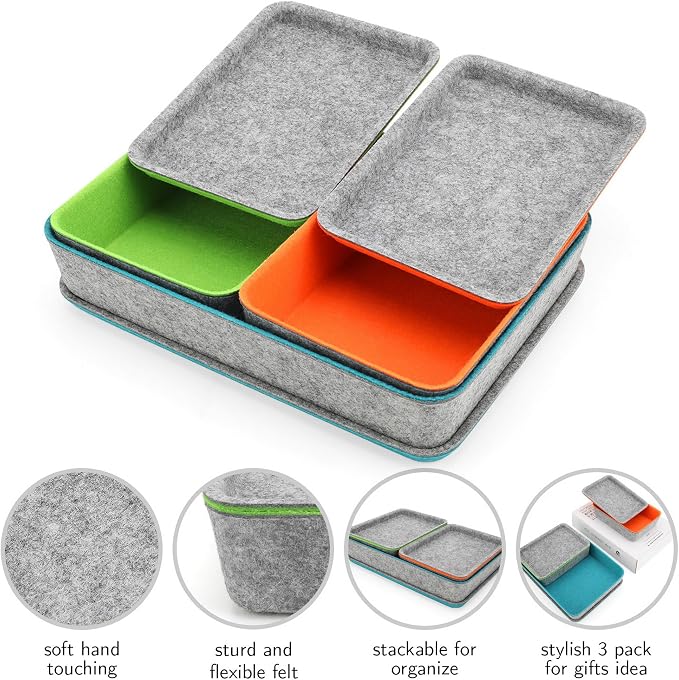 Welaxy Stackable Lidded Felt Desk Organizer Tray Multi-Color 3-Pack Makeup Storage