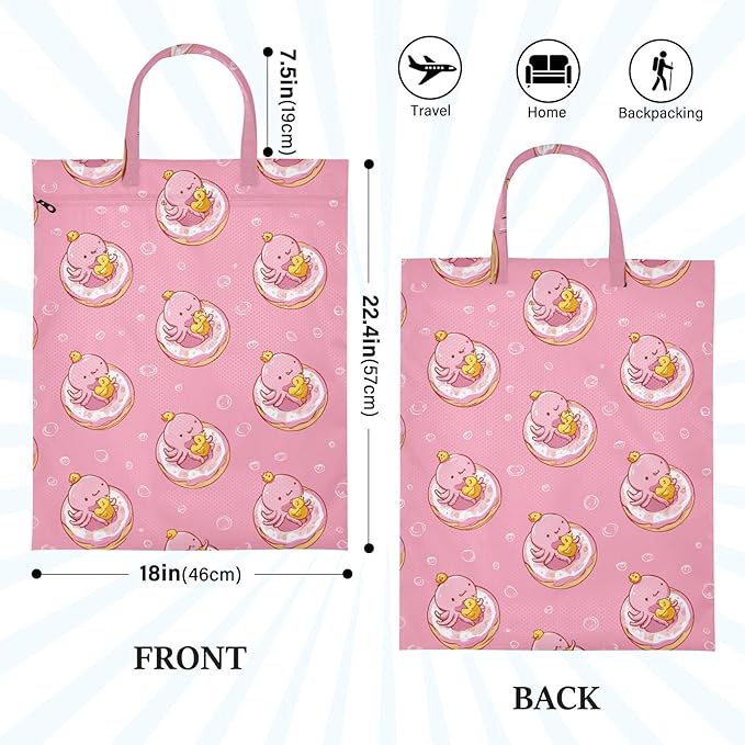 Travel Laundry Bags 2 PC Wet Dry Bag with Handle Dirty Clothes Organizer for Swimsuits Beach Camping Waterproof Washable Octopus Doughnut Duck Pink