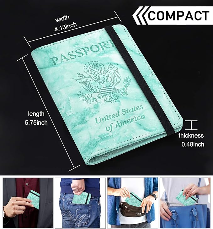 HerriaT Marble Leather Passport Holder Cover Case RFID Blocking Travel Wallets Card Case for Women Men(Green)