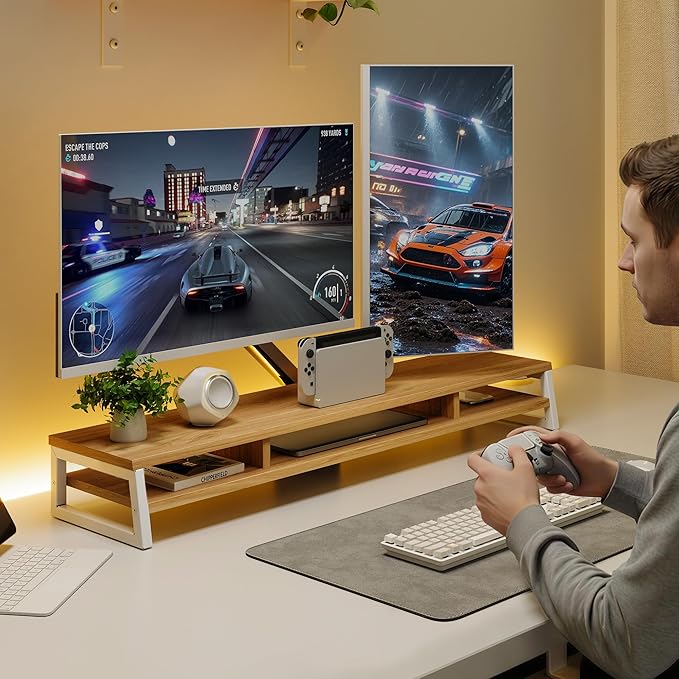 Fenge Dual Monitor Stand for Desk, 42.5in Large Monitor Riser for 2 Monitors, 2 Tier Computer Office Desk Top Shelf, Desktop Storage Stand for Laptop, PC, Computer, Printer