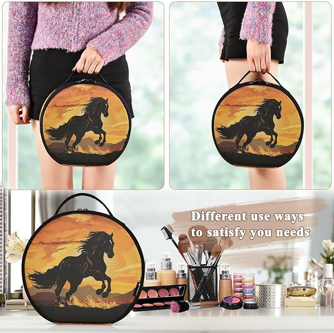 senya Round Cosmetic Pouch Travel Makeup Train Case Horse Makeup Organizer Bag with Adjustable Dividers Portable for Cosmetics Makeup Brushes Toiletry Jewelry Accessories