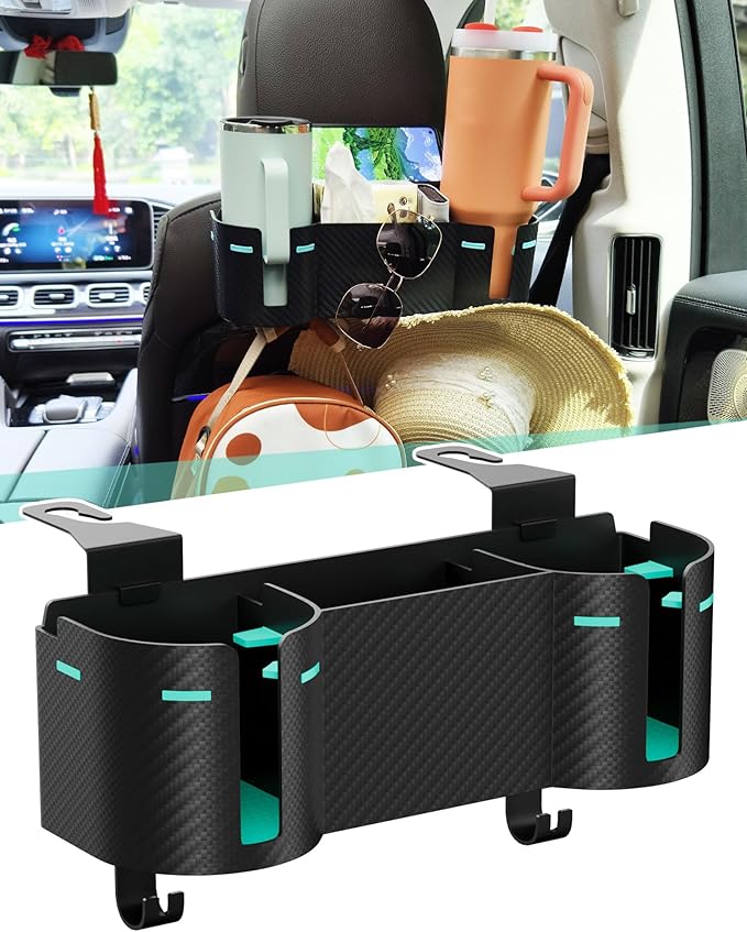 Car Headrest Backseat Cup Holder 3.7" with Organizer, High Capacity 4 in 1 Seat Back Organizer with Headrest Hooks, Multifunctional Storage for Car Travel Accessories Compatible with Most Vehicles
