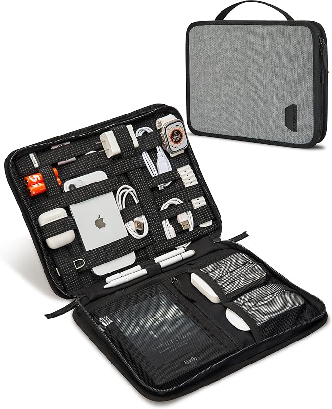 BAGSMART Water-Resistant Tech Organizer Bag for Electronics Accessories, Travel Storage Case Compatible with 12.9" Tablet, Charging Cable, Power Bank, Earphone, Grey