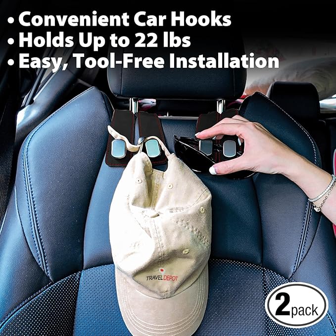 Travel Depot Headrest Hooks for Car, Purse Hook for Car, Premium Leather Twin Hook Car Seat Hooks, Double Hook Seat Back Storage Organizer for Purses, Bags, SUV, Truck, Vehicle, 2 Pack, Black