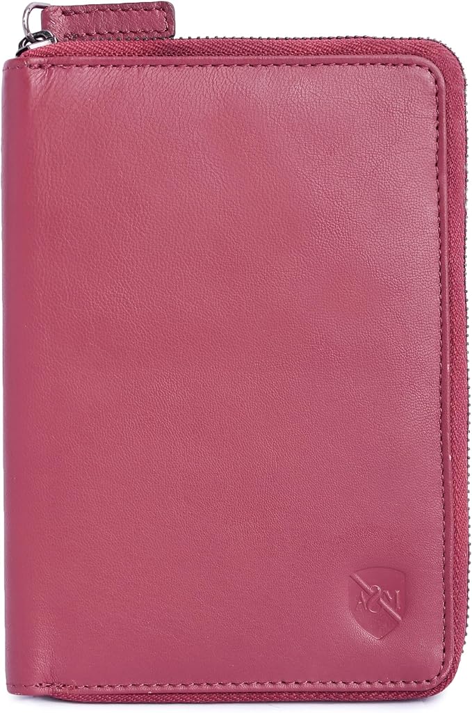 ALLEN & MATE 100% Leather Passport Holder for Travel RFID Blocking Passport Wallet for Men & Women - Zippered Compact Travel Document Organizer Fits Passport, Cash, Cards, SIM, ID and Tickets