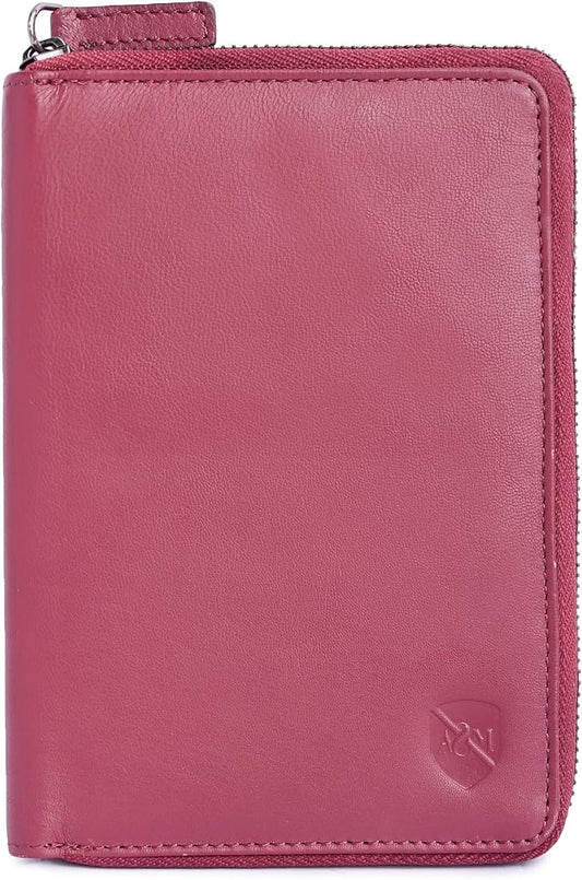 ALLEN & MATE 100% Leather Passport Holder for Travel RFID Blocking Passport Wallet for Men & Women - Zippered Compact Travel Document Organizer Fits Passport, Cash, Cards, SIM, ID and Tickets