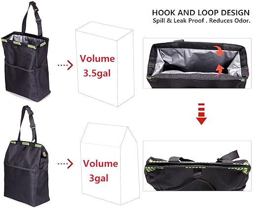 Ginsco 3.5 Gallons Large Capacity Hanging Car Trash Bag, Reusable Car Trash Can, Leakproof Car Garbage Bag, Foldable Waterproof Car Organizer Cooler with 4 Pockets for Camping Traveling