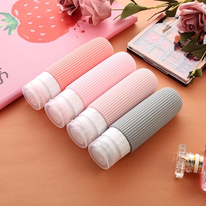 Mrsdry Travel Bottles for Toiletries, Tsa Approved 3oz Portable Travel Bottles, BPA Free Leak Proof Squeezable Silicone Travel Size Containers, Travel Accessories with Clear Toiletry Bag (4 Pack)