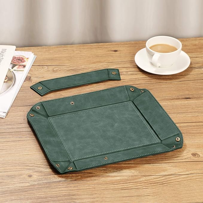SITHON Valet Tray Desktop Storage Organizer, Removable 2 Compartments Catchall Tray Bedside Vanity Nightstand Caddy Holder Desk Storage Plate, Dark Green