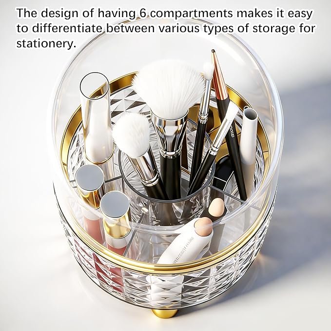 360° Rotating Pencil Holder for Desk, Makeup Brush Holder with 6 Slots, Desk Organizer for Writing Utensil, Office and School Supplies (Clear with cover)