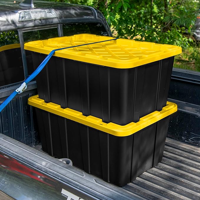 Sterilite 38 Gal Industrial Tote, Stackable Storage Bin with Snap-Fit Lid for Garage, Basement & Attic Storage, Black Base and Yellow Lily Lid, 4-Pack