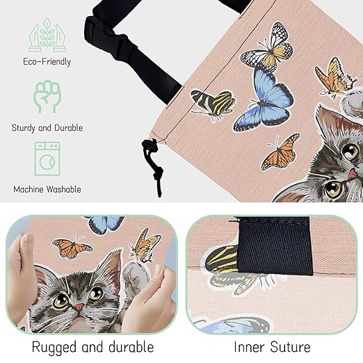 Cute Cat Car Garbage Bag,Flying Butterflies Waterproof Small Car Trash Bag Hanging Back of Seat,Drawstring Hanging Car Trash Bag with Adjustable Buckle for Car Accessories