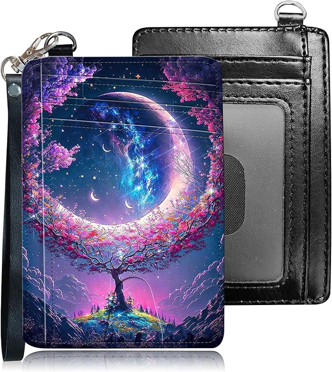 Slim RFID Blocking Card Holder Wallet with Wrist Strap - Minimalist Front Pocket Wallet, Trees Surround the Moon Design, PU Leathe, for Men & Women, Ideal for Travel & Gifts