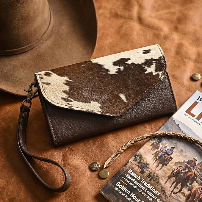 Merbaa Leather Wallet for Women, Wristlet Bifold Card Cash Phone Wallet Ladies Cowhide Hair-On Travel Clutch Purse, Slim Bifold Organizer with Card Slots, Zip Coin Pocket & Magnetic Closure, Brown