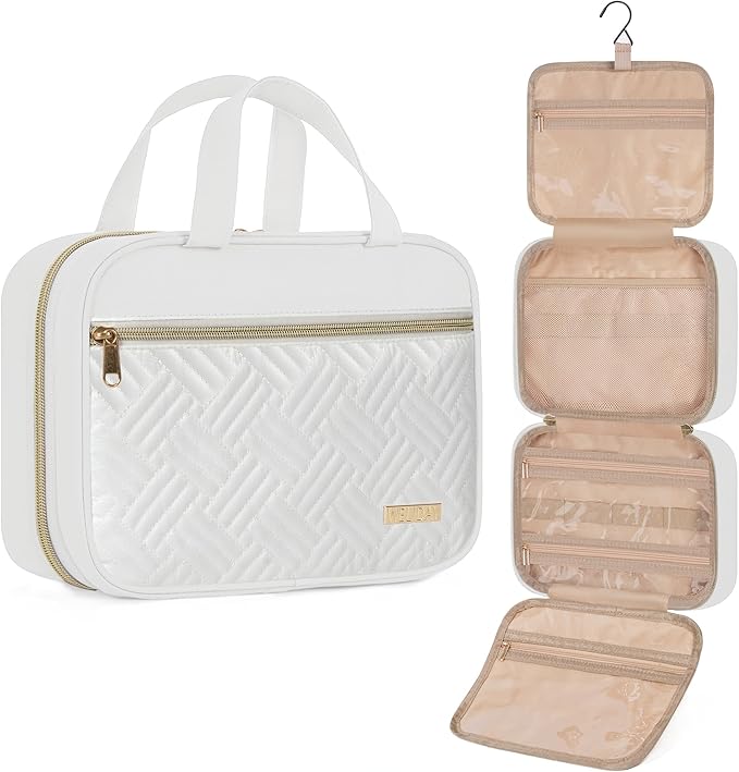 Travel Toiletry Bag for Women & Men Water Resistant Makeup Bag with Hanging Hook Portable Travel Organizer for Travel Accessories, Travel-Sized Shampoo, Toiletries (Medium-White)