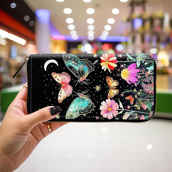 Wallet,Leather Long Wallet Suitable For Ladies And Teenagers - Detachable Wristband + RFID Travel Wallet With Card Slot - Butterfly Moon Flower