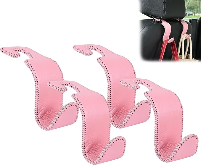 Amooca Car Seat Headrest Hook Universal Vehicle Storage Hanger Leather with Metal Car Seat Back Organizer for Handbag Purse Coat Pink 4 Pack