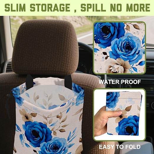 Car Garbage Bag Vintage Blue Roses Hanging Canvas Car Trash Bag Waterproof Drawstring Car Back Seat Organizer for Car Back Front Seat Console with Adjustable Buckle