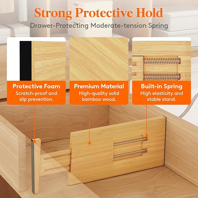 Lifewit 6" High 6 Pack Bamboo Drawer Dividers 33-42cm/13-16.5" Adjustable Wooden Drawer Organizer for Clothes/Utensils, Expandable Drawer Separator for Dresser/Kitchen/Bedroom/Office Organization