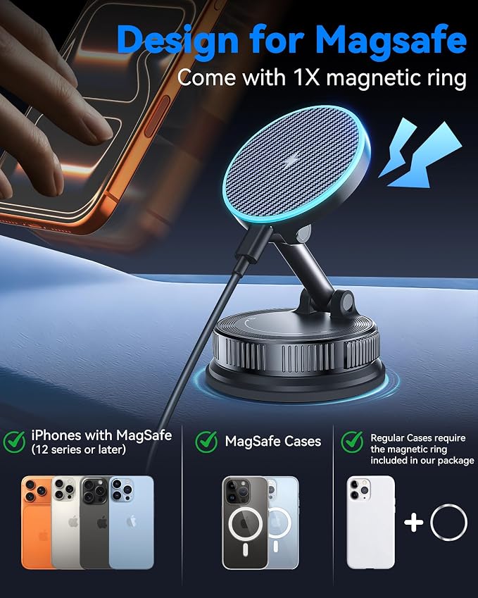 15W MagSafe Car Mount Charger, Magnetic Wireless Car Charger with Vacuum Suction Cup & Nano Adhesive Base, 360° Rotatable Strong Hold Car Phone Mount for iPhone 17 16 15 14 13 12 Series, Samsung S26