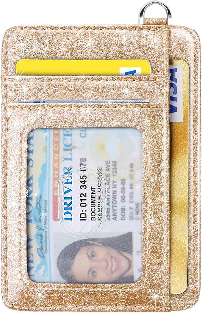 Coco Rossi Slim Front Pocket Wallet RFID ID Card Holder Cute Small Wallet with Keychian for Women,Champagne Gold Glitter