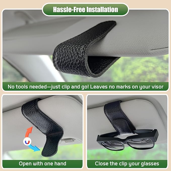 2 Packs Sunglasses Holders for Car Visor, Magnetic Leather Glasses Eyeglass Hanger Clip for Car, Ticket Card Clip Sunglasses Mount, Sunglass Organizer for Auto Accessories (Black)