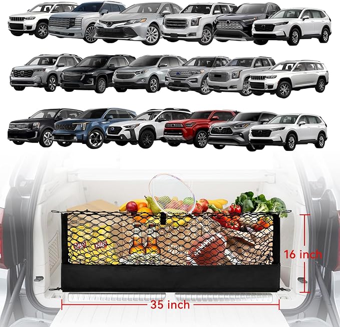 Universal Envelope Cargo Net for SUV Trunk Car, High Elastic with Bottom Storage Organizer & Hooks 35.4" x 15.7"