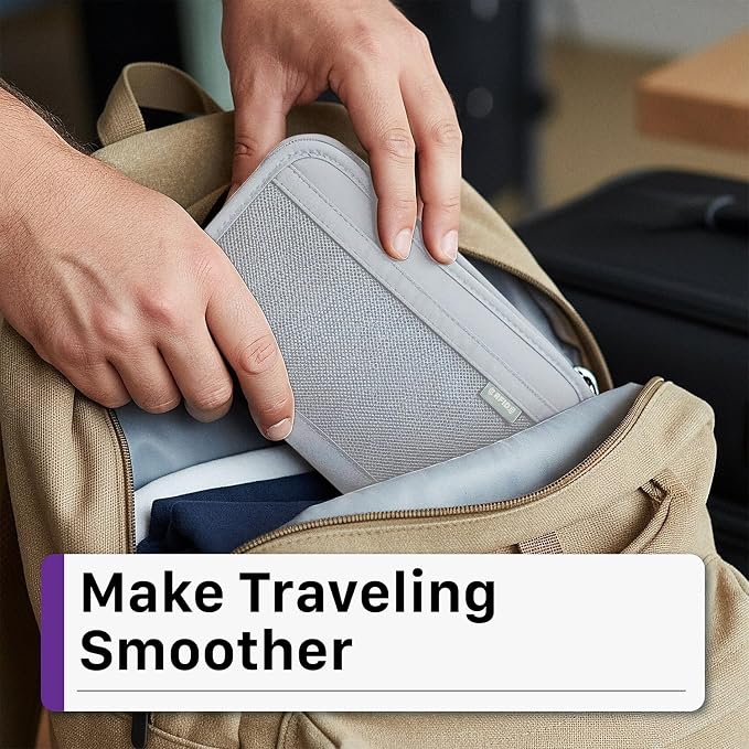 Fosmon Passport Bag, RFID Blocking Travel Document Organizer, Gray | Polyester material, slim RFID-blocking wallet, compact 9.8x1x5.5 inches, for airplane travel, unisex, gray.