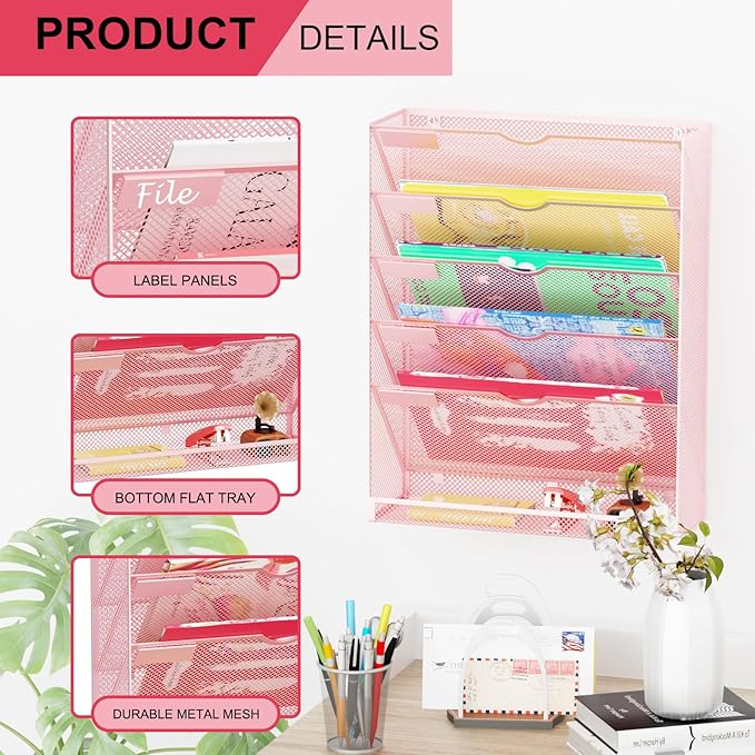 Hanging Wall File Organizer 6 Tier Wall Mounted Mail Paper Folder Holder Document Organization Stand, Vertical Desk Magazine Rack for Office Home Cubicle Countertop, Pink