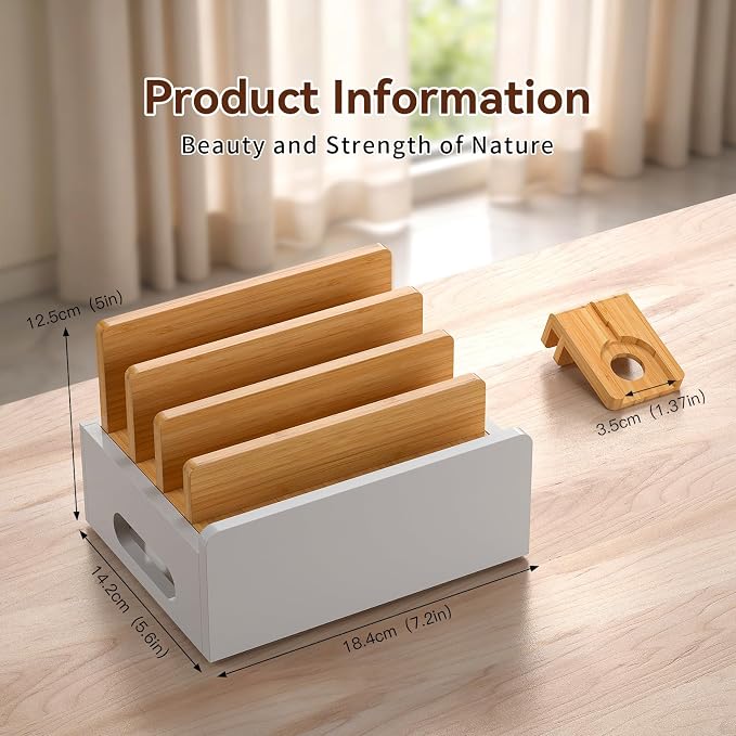 Pezin & Hulin Bamboo Charging Station for Multiple Devices with 5 Port USB Charger,5Cables,Smart Watch&Earbuds Stand, Desk Docking Stations Electronic Organizer for Cell Phone, Tablet (Natural+White)