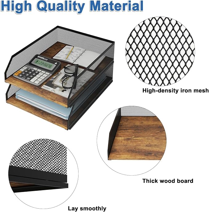 Natwind 2-Tier Stackable Metal Mesh Paper Organizer with Sliding Tray,Retro | Wooden Desk Organizer, Letter Tray For Desktop,File Holder For Home Office School Classroom Organization