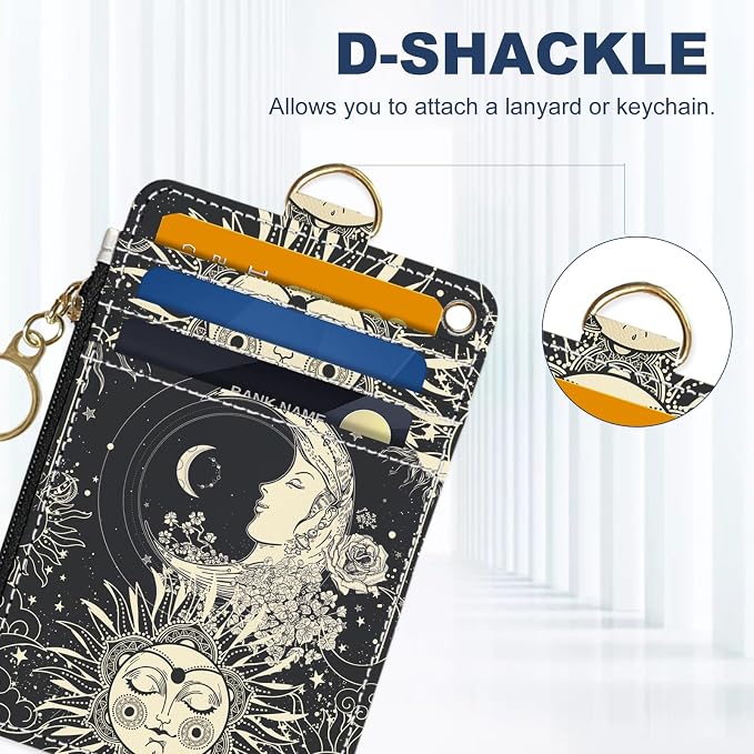 Slim Wallet Credit Card Holder, Sun and Moon FaceX, RFID Wallet Women Cute Small Front Pocket Wallet With Zipper, PU Leather Thin travel RFID Blocking Card Case ID Window,Ladies Gifts