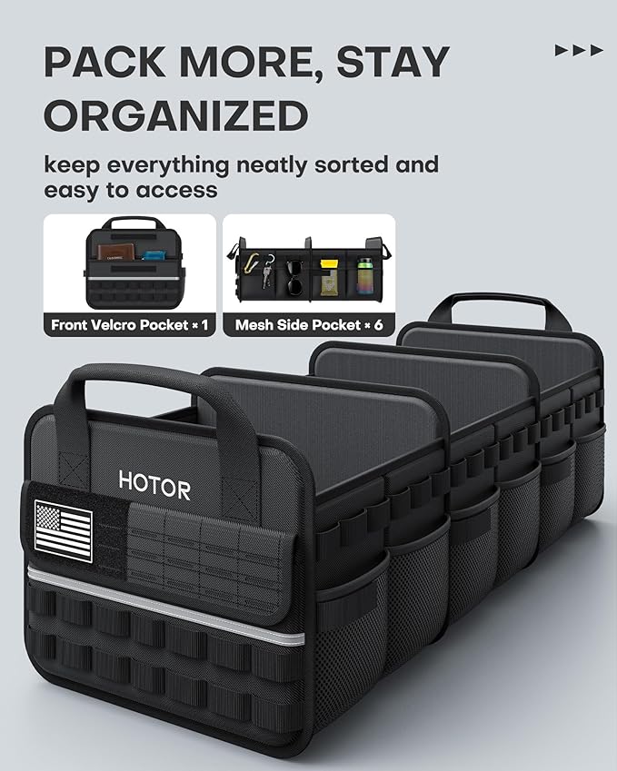 HOTOR Tactical Car Trunk Organizer - Foldable Trunk Organizer for SUV with Front MOLLE Pocket & Reflective Strips, Essential Car Accessories for Tools & Outdoor Storage, 11.6" x 31.9" x 11.0", Black