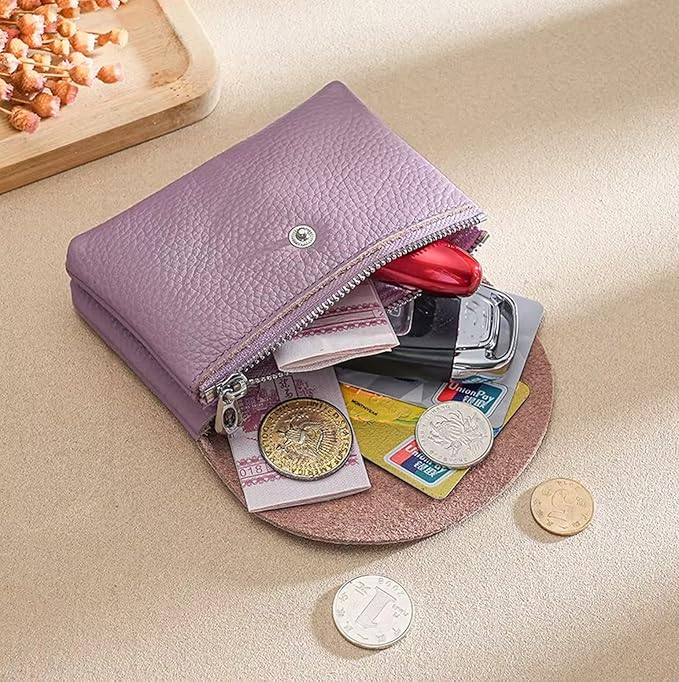 Genuine Real Leather Coin Purse Small Wallet for Women Men, Card Holder Case, Jewery Lipstick Organizer (Purple)